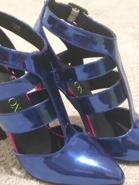 PAPER FOX Alayna Strappy Stiletto Heels Metallic Blue Magenta Pointy Toe